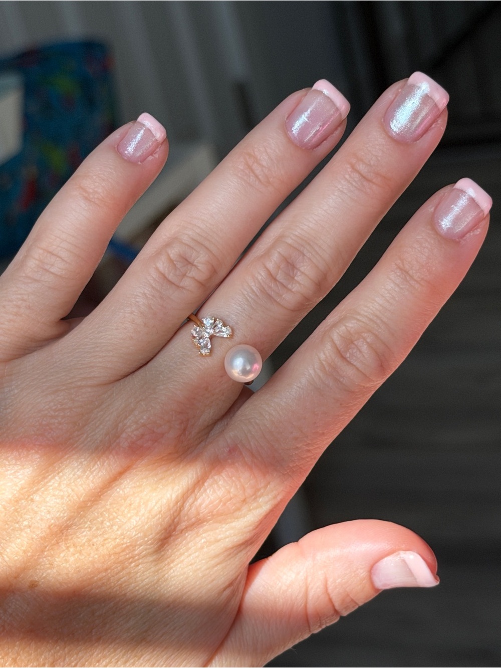 Genuine Pearl Ring with CZ Butterfly Gold Plated S295 Adjustable Size